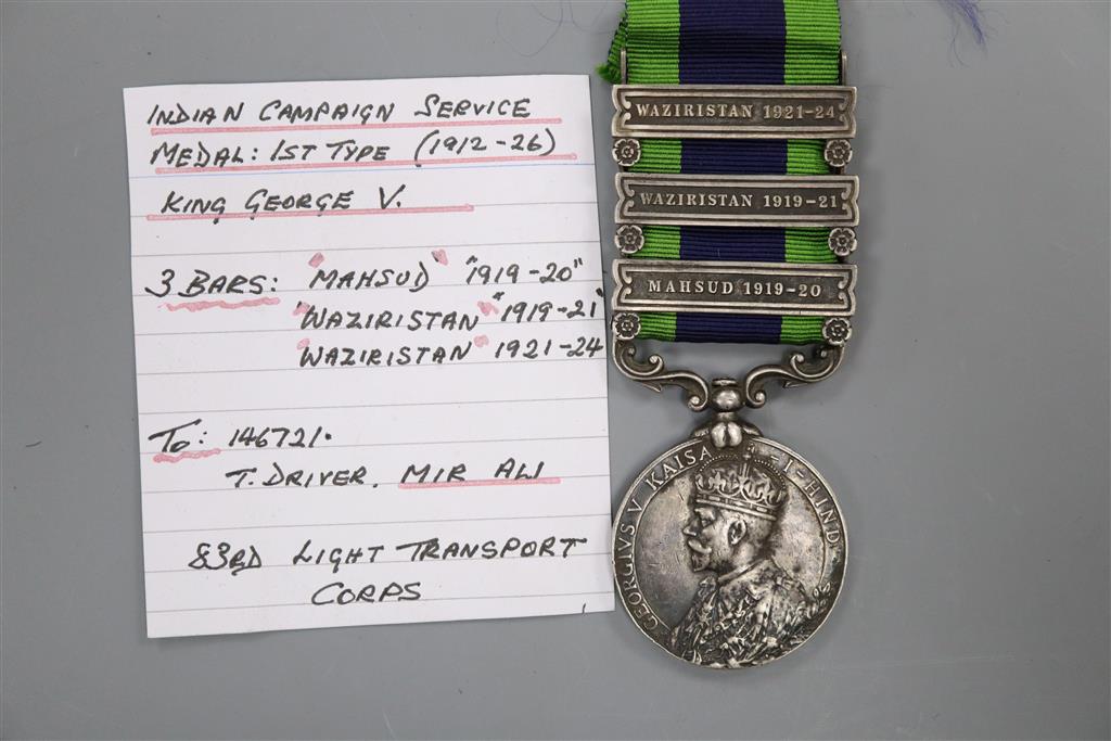 An Indian General Service medal with 3 clasps to T. Driver Mir Ali